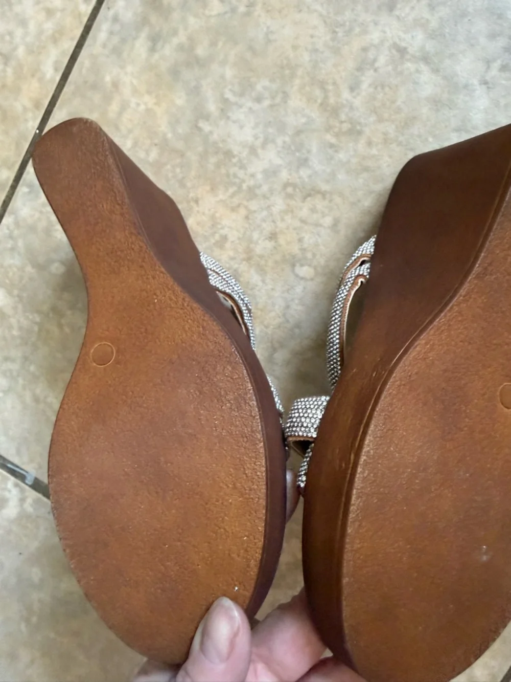 Marille. Silver Crystal Strappy Brown Wood Wedge Sandals soft rubber - Picture 5 of 7